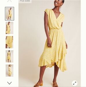 Maeve yellow patterned surplice dress habdkerchief hem